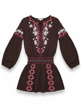 Parker Embroidered Drop Waist Plum Wine Mini Dress Boho Chic Size XS